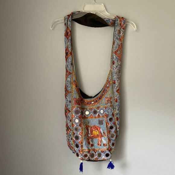 Blue embroidered elephant tote/big shoulder bag mirror hippie sling festival - Picture 2 of 5